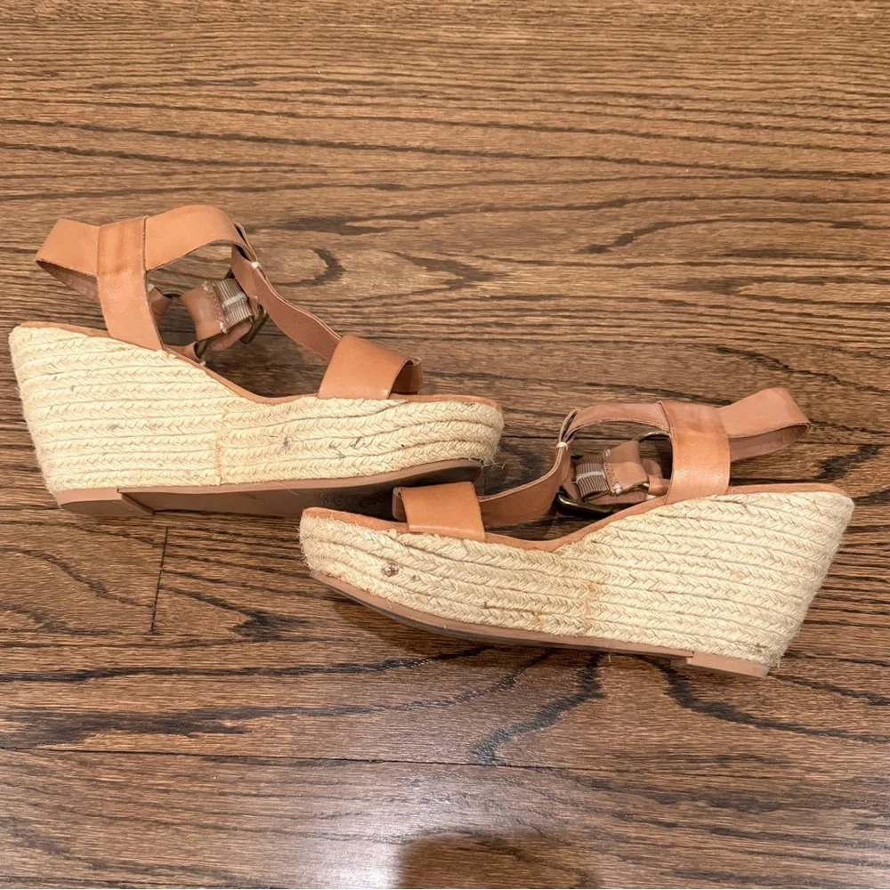 Lucky Brand Fiora Tan Leather Espadrille Wedge Sandals Size 8.5